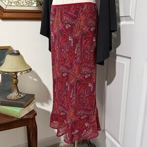 VTG Y2K Karen Kane Red, Pink & Orange Paisley Whimsy Fairy Midi Skirt S/M